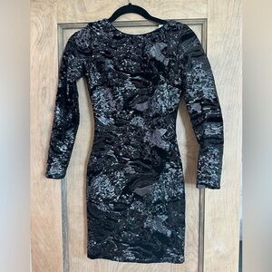 SEQUIN & VELVET PARTY Dress the Population Black and Gray Long Sleeve Dress